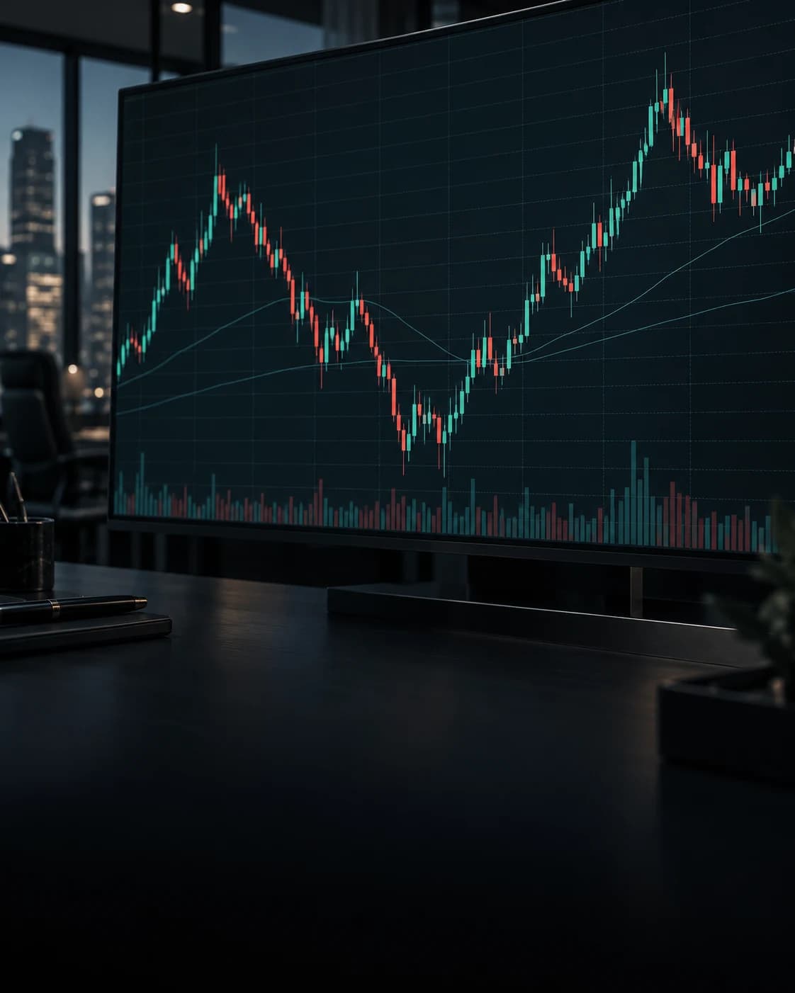 Teal and red candlestick market charts on an investment trading monitor